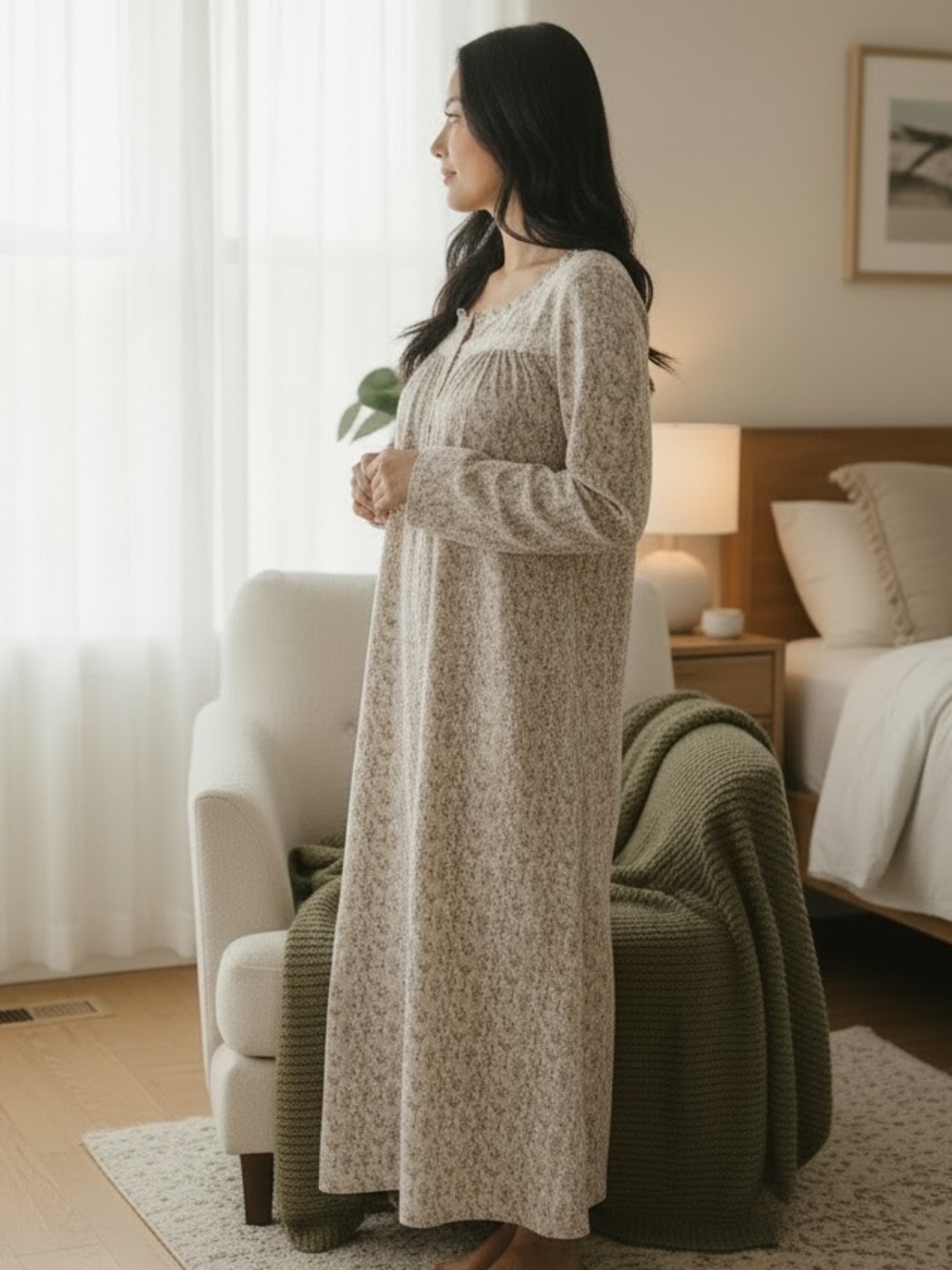 Eileen West White and Gray Floral Long Nightgown Size L 100% Cotton